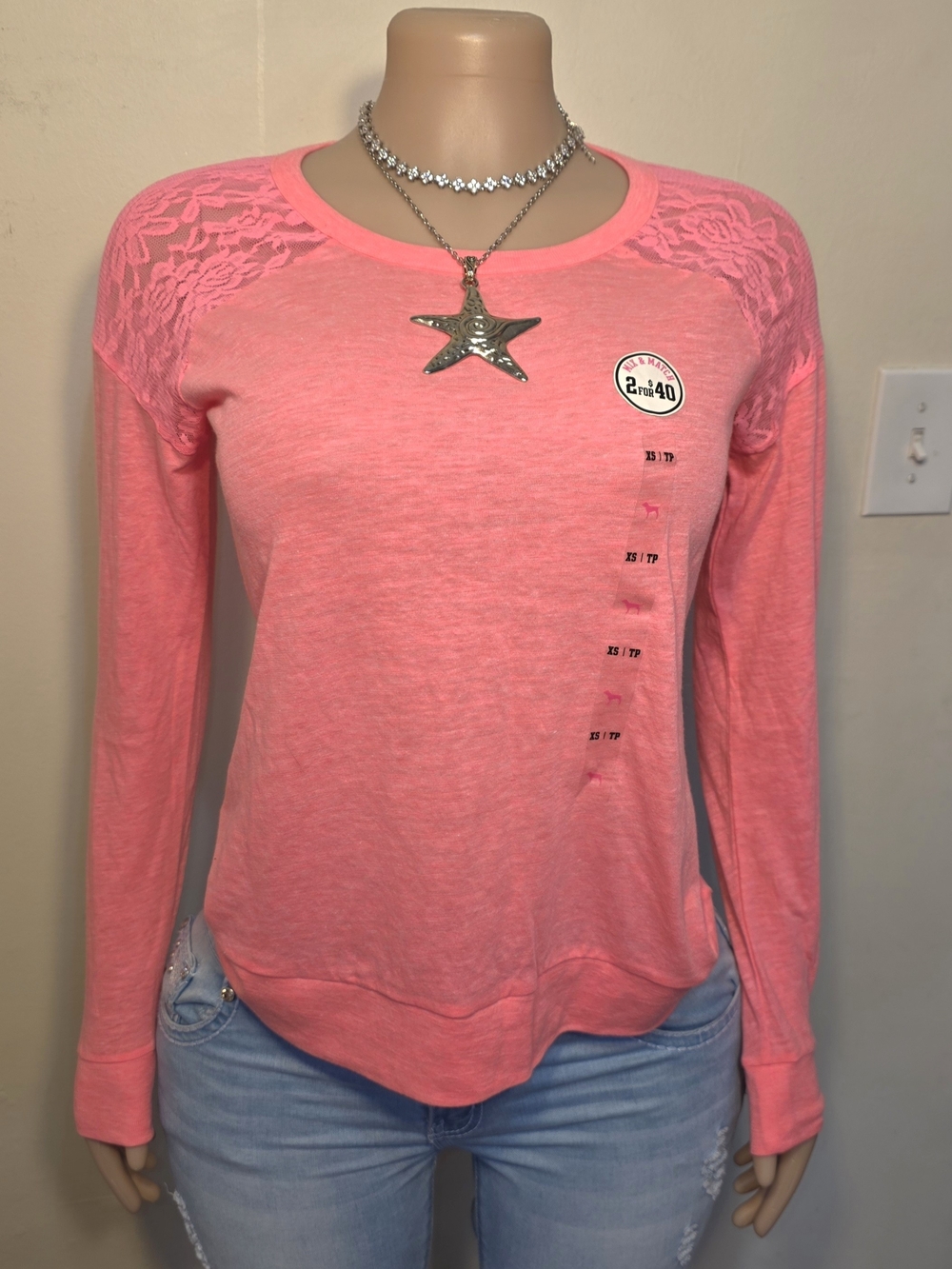 PINK Victoria's Secret Long Sleeve Lace Shoulder Top - Coral Pink